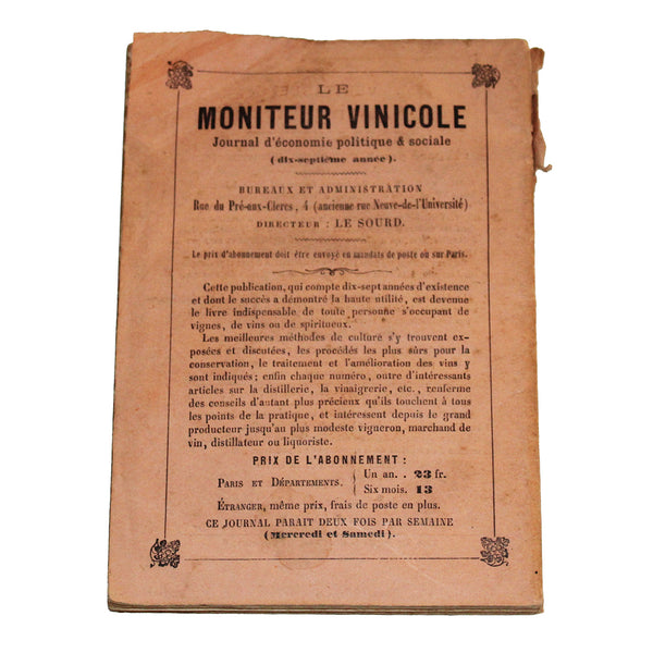 Ancien petit almanach du Moniteur Vinicole 1871-1872 Le Parfait Vigneron 11ème année