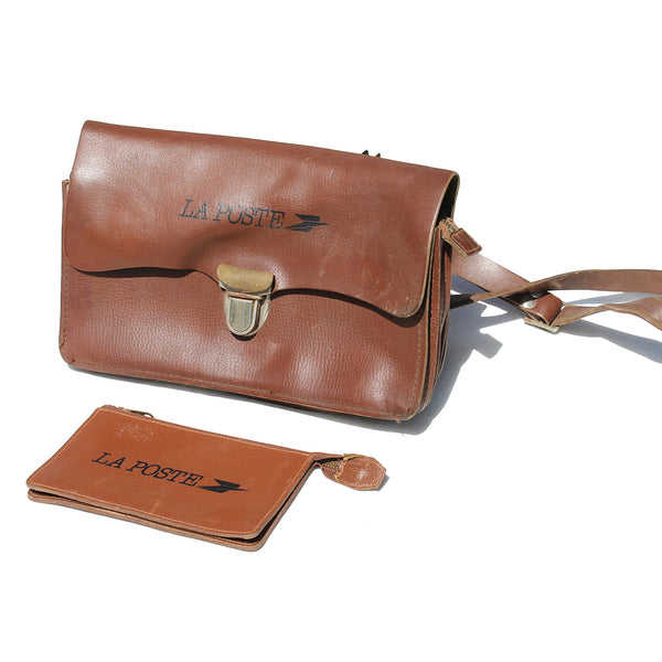 Sacoche vintage à soufflets de facteur en cuir + porte monnaie / La Poste PTT