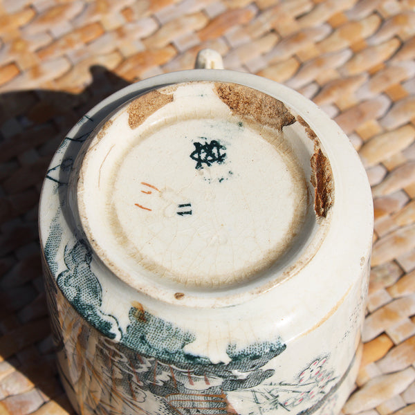 Ancienne tasse à café + soucoupe en faïence de Creil et Montereau / fleurs de pommier / bambou