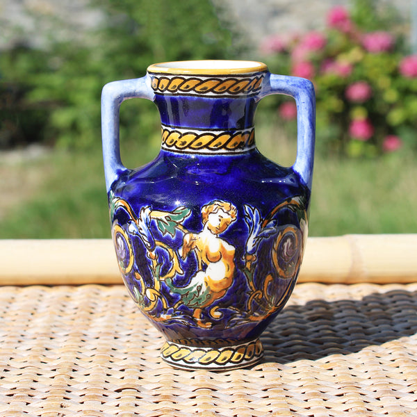 Ancien vase amphore miniature 10.5 cm en faïence de Gien modèle Renaissance