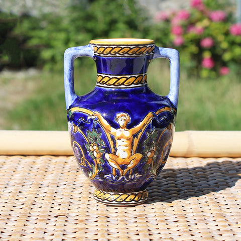 Ancien vase amphore miniature 10.5 cm en faïence de Gien modèle Renaissance