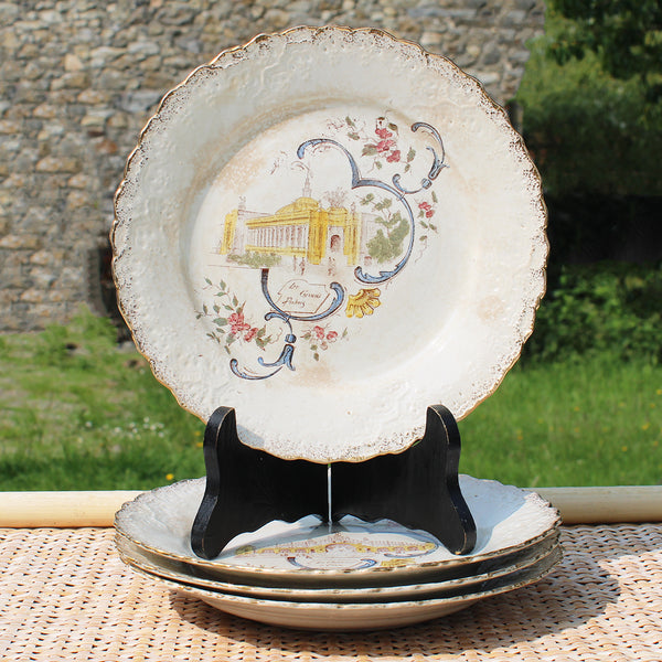 Ensemble de 4 assiettes Exposition Universelle de Paris 1900 en faïence de St Amand A. Lebacqz & L. Bouchart