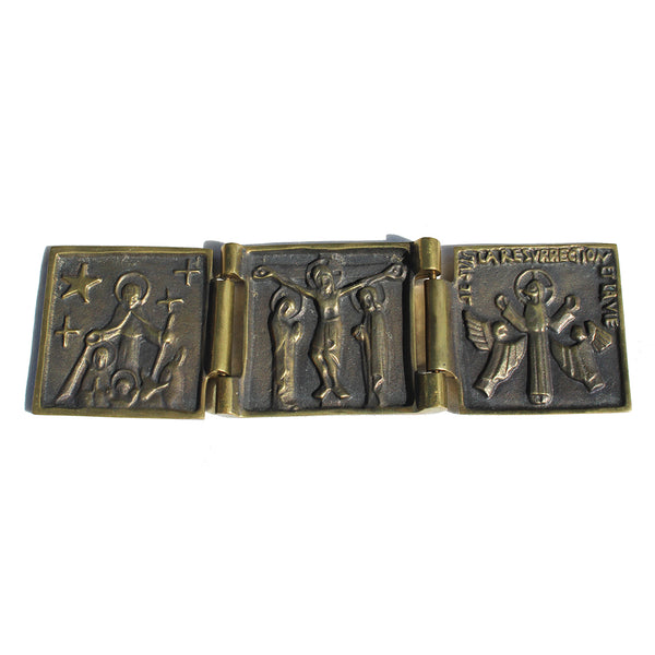 Triptyque religieux de voyage en bronze / Icône / Scènes de vie du Christ
