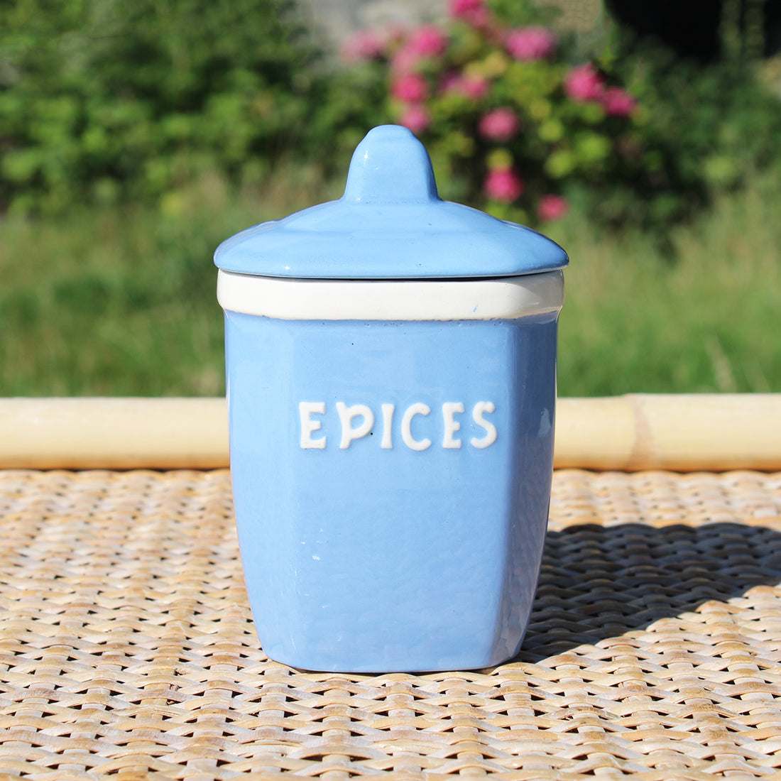 Petit pot à épices 11 cm en faïence de Digoin Sarreguemines  modèle Épices / coloris bleu