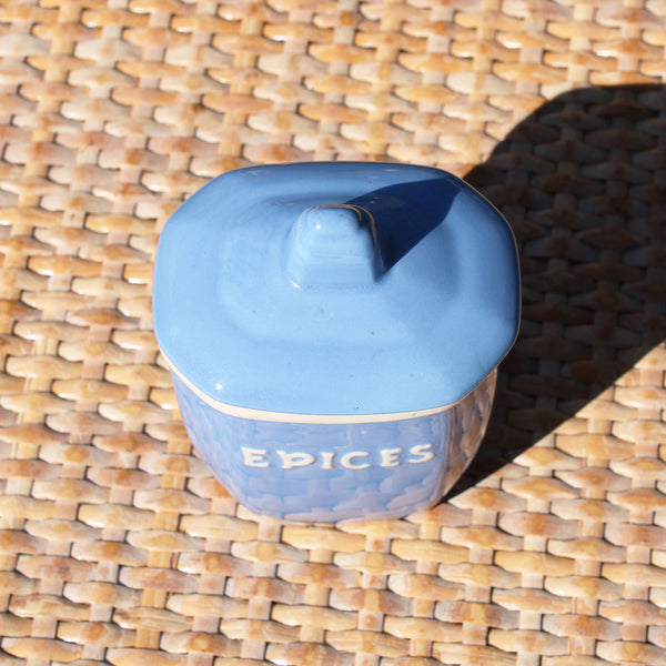 Petit pot à épices 11 cm en faïence de Digoin Sarreguemines  modèle Épices / coloris bleu