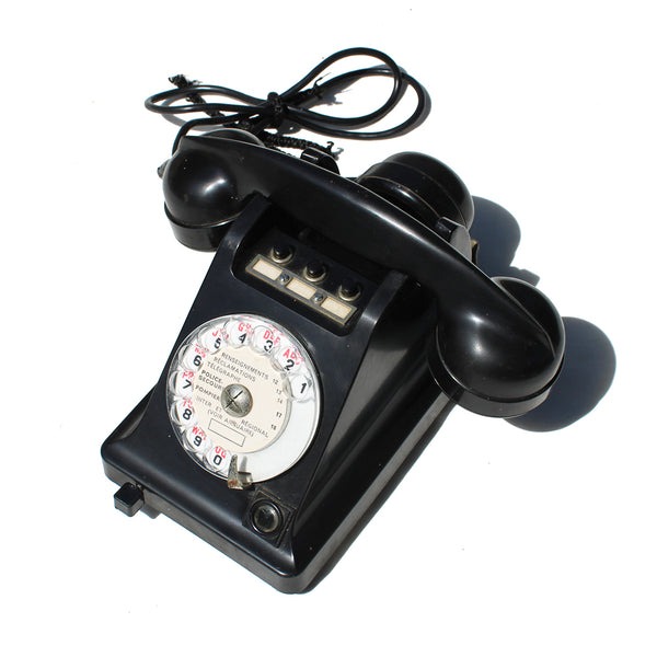 Ancien téléphone U43 Plazolles PTT 1 + 2 en bakélite noir à cadran