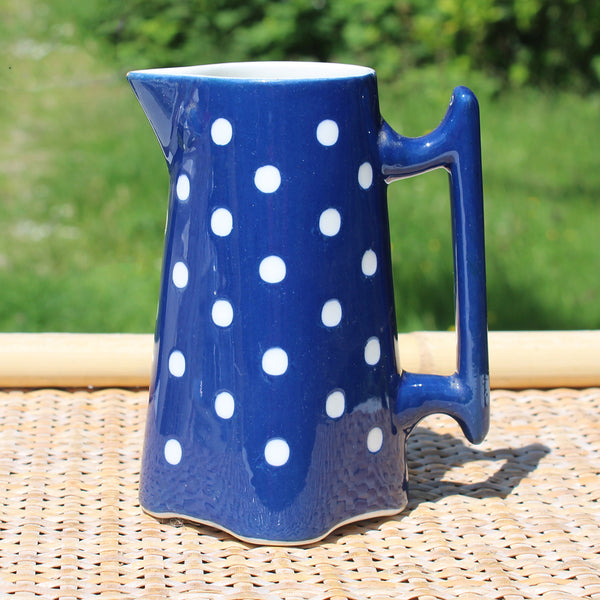 Ancien pichet / pot à lait 13 cm / Sarreguemines / Digoin modèle Confettis pois blancs / coloris marine