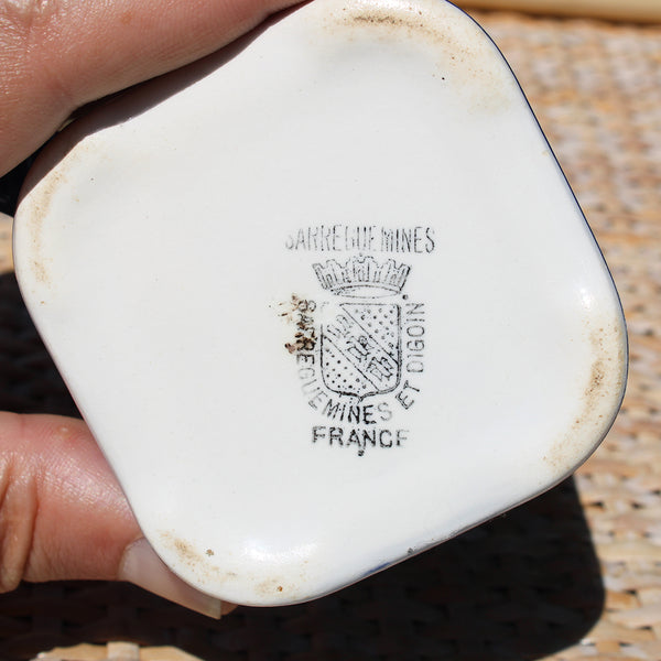 Ancien pichet / pot à lait 13 cm / Sarreguemines / Digoin modèle Confettis pois blancs / coloris marine