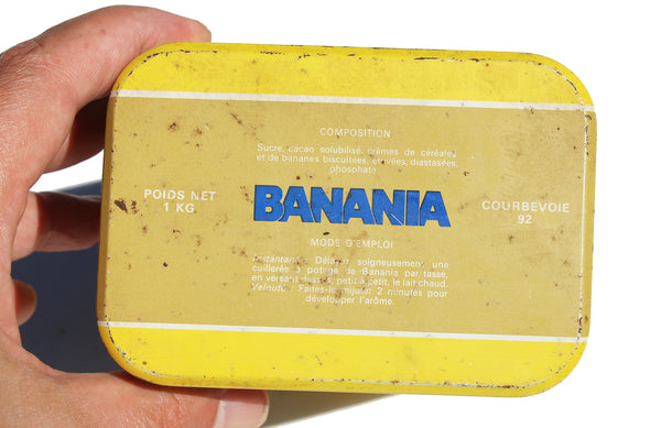 Ancienne boîte publicitaire Banania vide en tôle lithographiée / l'Écusson / modèle Pâtes