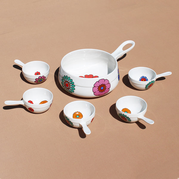 Caquelon + 5 poêlons vintage en vitro porcelaine Villeroy & Boch modèle Flower Power