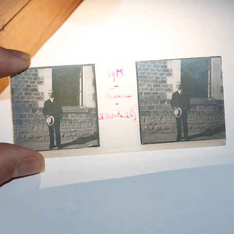 Ancienne plaque photo stéréoscopique en verre / 1908 / homme à Montreuil le Gast