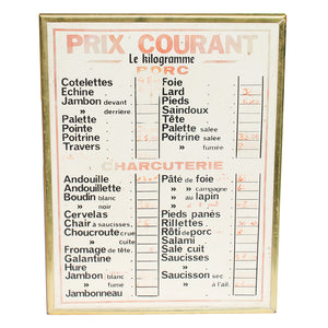 Panneau vintage  prix courant au kilo de boucherie / charcuterie / porc