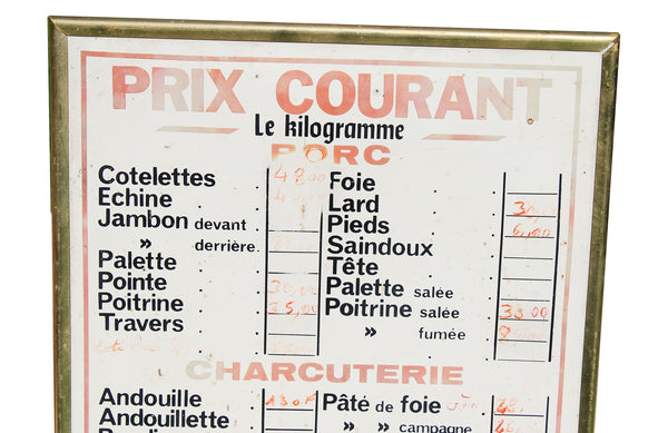 Panneau vintage  prix courant au kilo de boucherie / charcuterie / porc