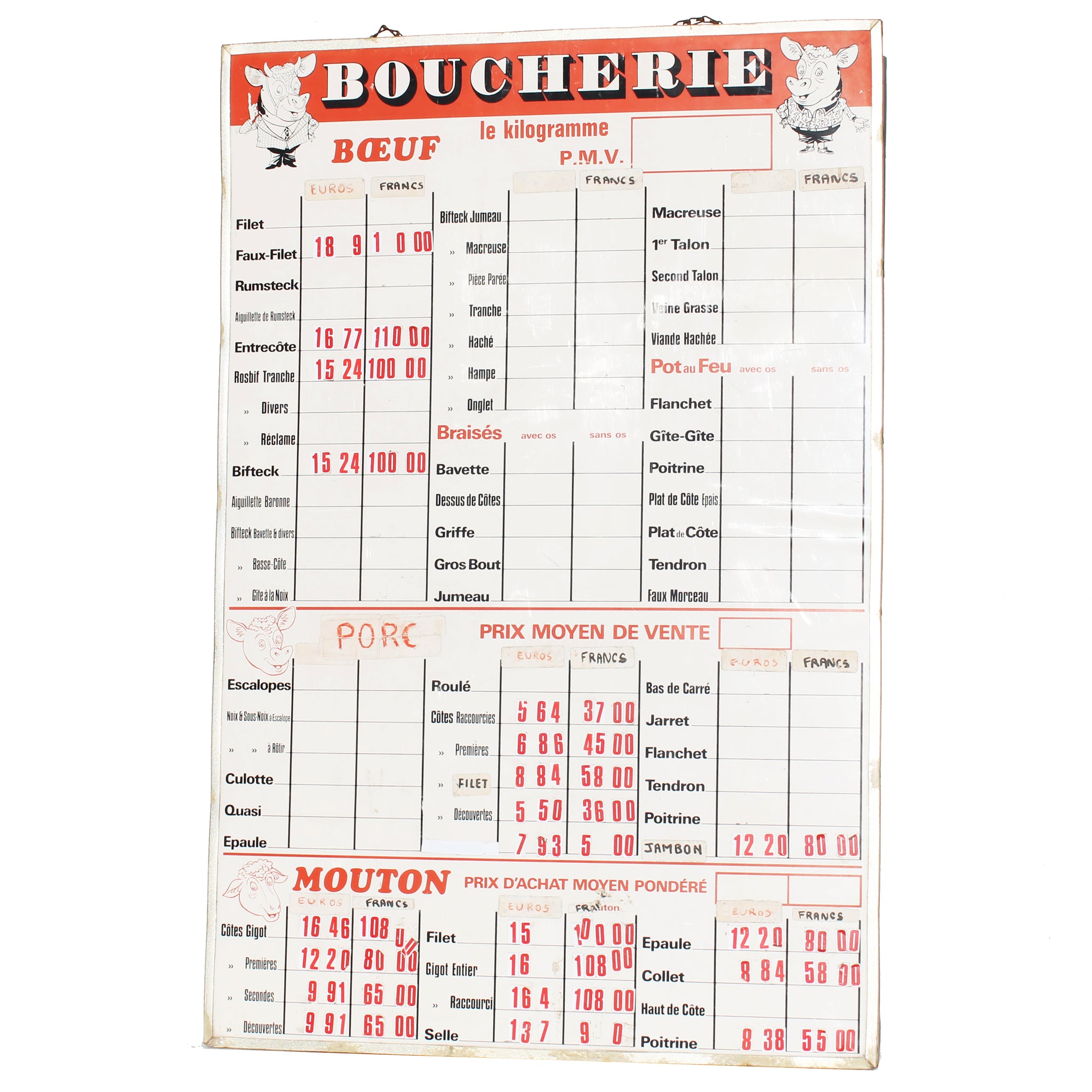 Grand panneau vintage de boucherie /  prix au kilogramme / Boeuf Porc Mouton