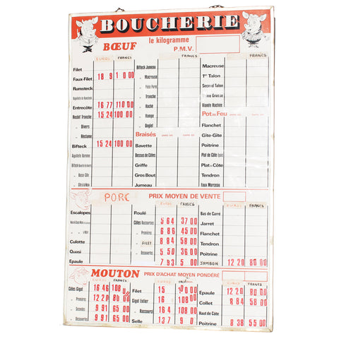 Grand panneau vintage de boucherie /  prix au kilogramme / Boeuf Porc Mouton