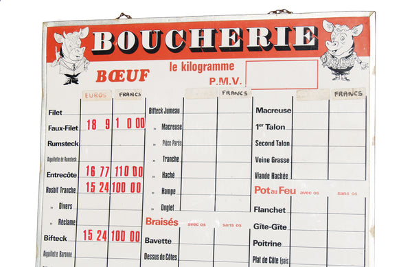 Grand panneau vintage de boucherie /  prix au kilogramme / Boeuf Porc Mouton
