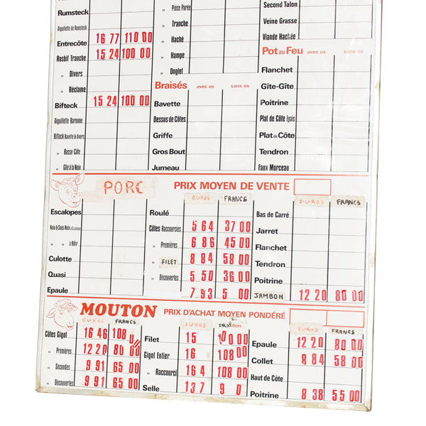 Grand panneau vintage de boucherie /  prix au kilogramme / Boeuf Porc Mouton