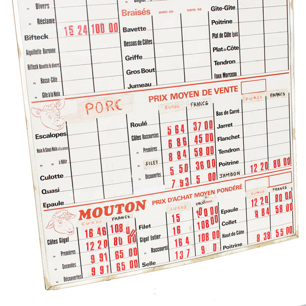 Grand panneau vintage de boucherie /  prix au kilogramme / Boeuf Porc Mouton