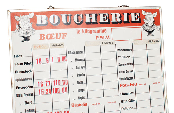 Grand panneau vintage de boucherie /  prix au kilogramme / Boeuf Porc Mouton