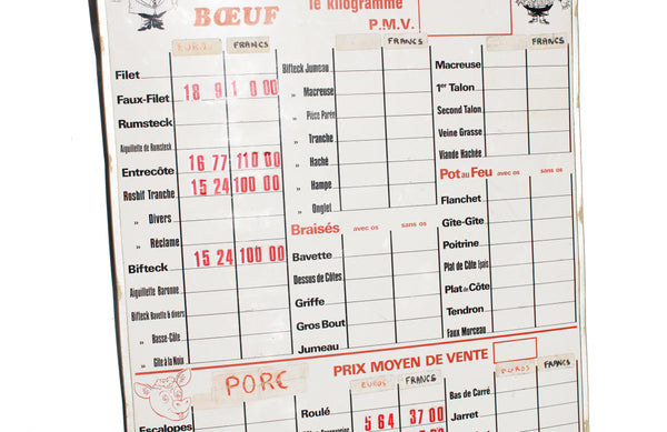 Grand panneau vintage de boucherie /  prix au kilogramme / Boeuf Porc Mouton