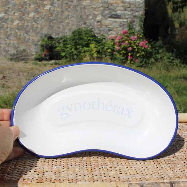 Médecine : ancien haricot médical publicitaire Gynothérax en tôle émaillée