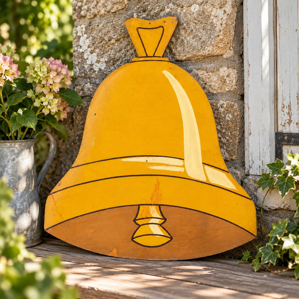 Panneau ancien en bois souple en forme de cloche peint à la main – 85 cm