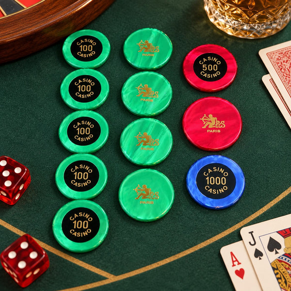 Lot de 12 jetons de casino et poker vintage Hector Saxe Paris – valeurs 100, 500 et 1000