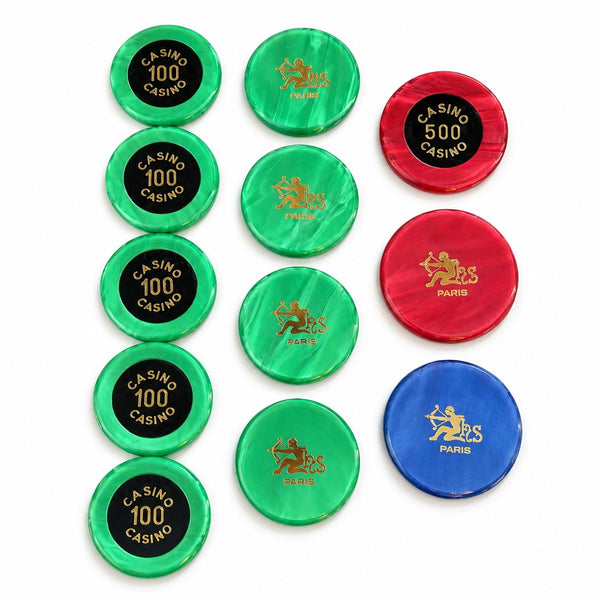 Lot de 12 jetons de casino et poker vintage Hector Saxe Paris – valeurs 100, 500 et 1000