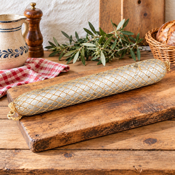 Ancien saucisson factice de charcuterie et boucherie sous filet – Objet décoratif de vitrine