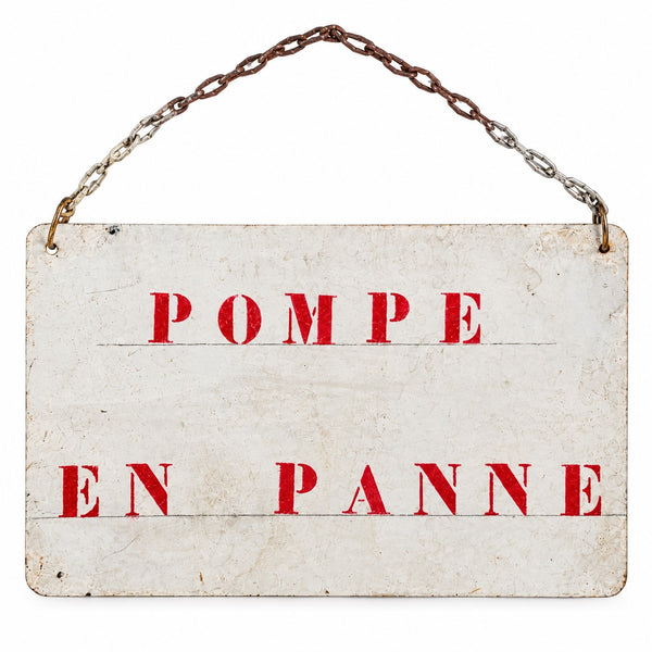 Plaque vintage de station-service en tôle peinte « Pompe en panne » avec chaîne de suspension