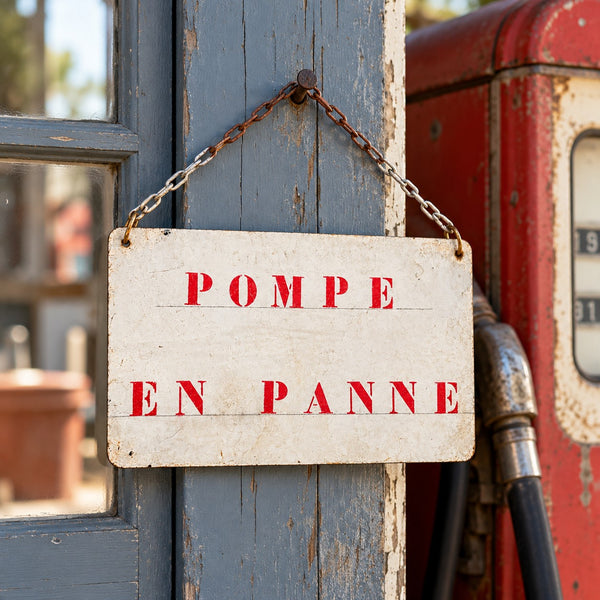 Plaque vintage de station-service en tôle peinte « Pompe en panne » avec chaîne de suspension