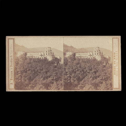 Photo stéréo ancienne A. Braun ( Dornach ) collée sur carton Bords du Rhin Château de Heidelberg.