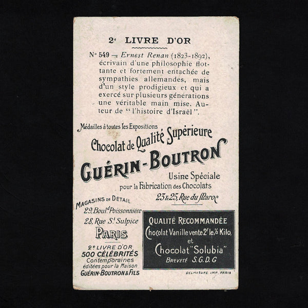 Ancienne chromo publicitaire Guérin Boutron Célébrités 549 Ernest Renan écrivain