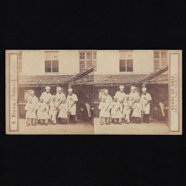 Photo stéréo ancienne A. Braun ( Dornach ) Bords du Rhin / Les Cuisiniers à Baden-Baden