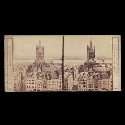 Photo stéréo ancienne A. Braun ( Dornach ) Bords du Rhin Église Saint-Séverin à Cologne et vue de Dentz