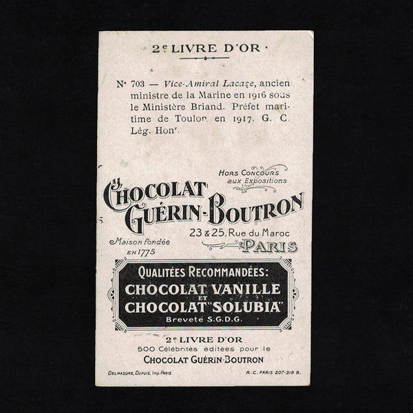 Ancienne chromo publicitaire Guérin Boutron Célébrités 703 Vice-Amiral Lacaze