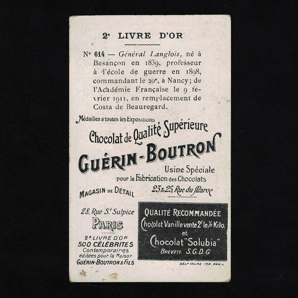 Ancienne chromo publicitaire Guérin Boutron Célébrités 614 Général Langlois académicien