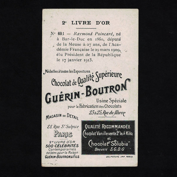 Ancienne chromo publicitaire Guérin Boutron Célébrités 603 Raymond Poincaré Président de la République Française