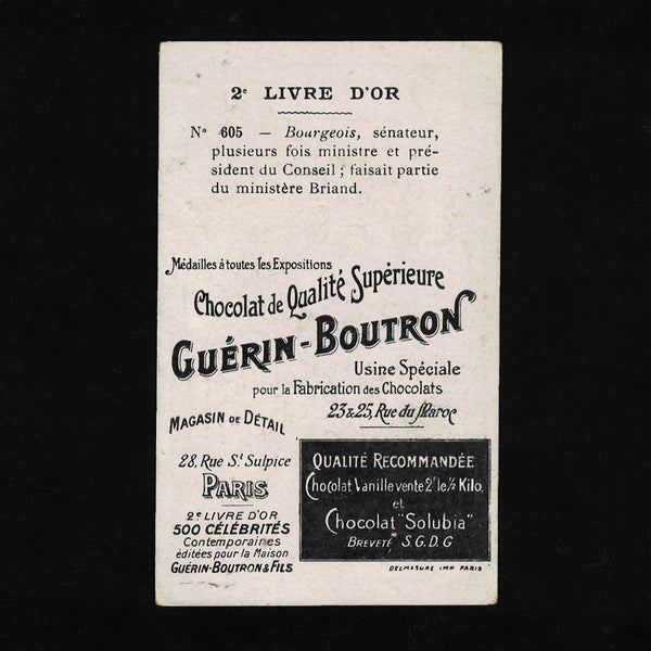 Ancienne chromo publicitaire Guérin Boutron Célébrités 605 Bourgeois sénateur