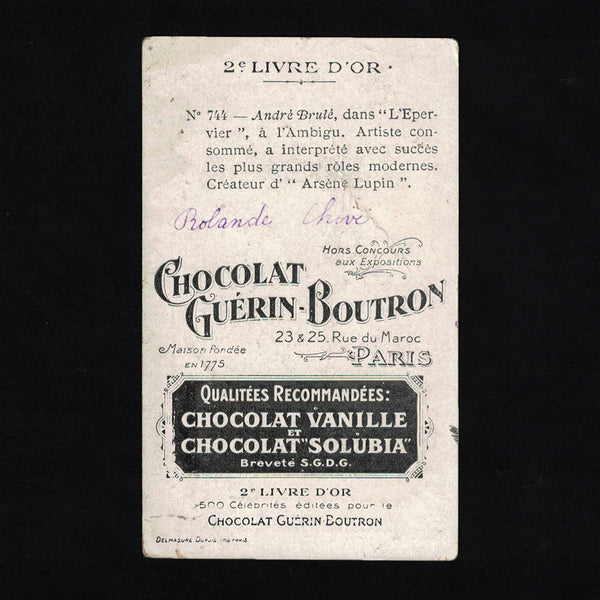Ancienne chromo publicitaire Guérin Boutron Célébrités 744 André Brulé