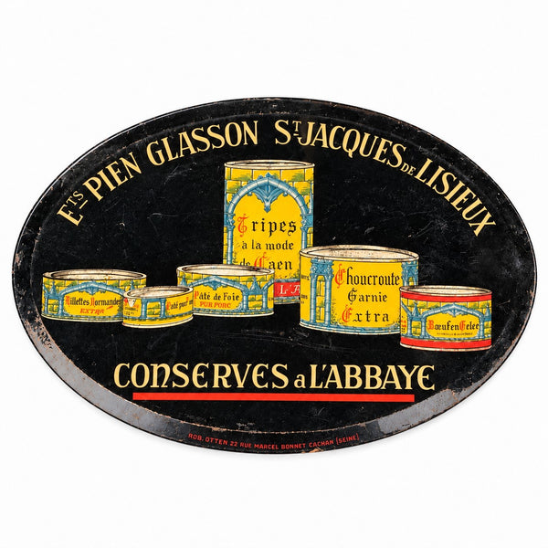Plaque publicitaire ancienne en glacoïde Ets Pien Glasson – Conserves à l’Abbaye, Lisieux