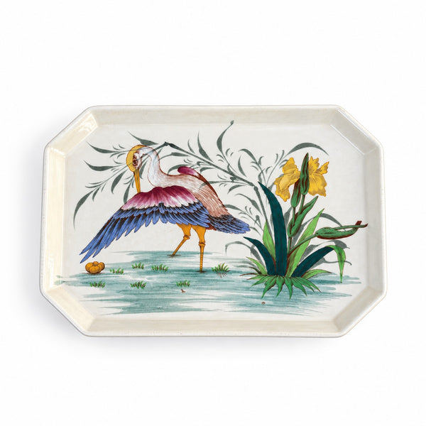 Petit plateau ancien en faïence Keller & Guérin Lunéville Art nouveau, décor héron et iris