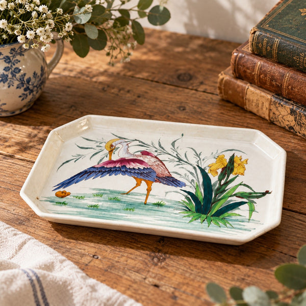 Petit plateau ancien en faïence Keller & Guérin Lunéville Art nouveau, décor héron et iris