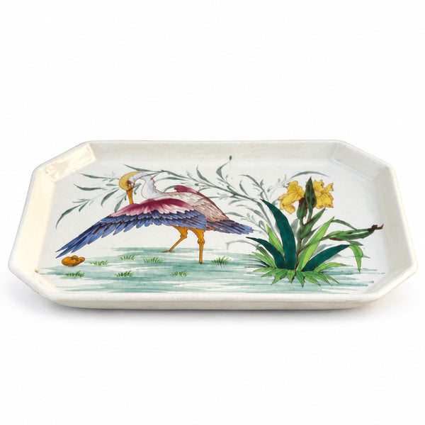 Petit plateau ancien en faïence Keller & Guérin Lunéville Art nouveau, décor héron et iris