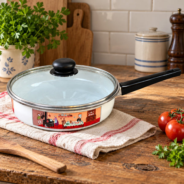 Poêle vintage émaillée Villeroy & Boch Design Naif Laplau avec couvercle en verre