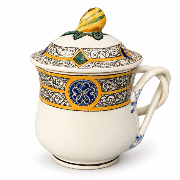 Ancien pot à crème couvert en faïence de Gien, décor style Henri II