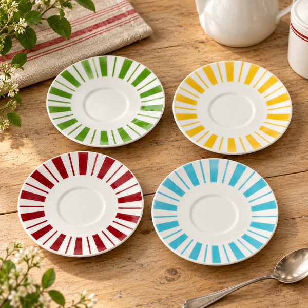 Lot de 4 soucoupes anciennes Fénal Badonviller à rayures multicolores