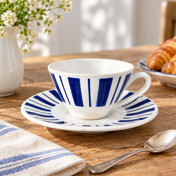 Tasse à café et soucoupe Fénal Badonviller en faïence blanche à décor rayé bleu cobalt