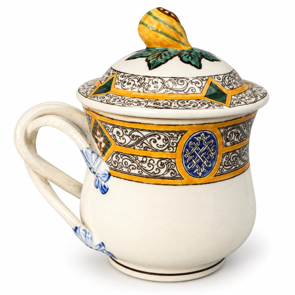 Ancien pot à crème couvert en faïence de Gien, décor style Henri II