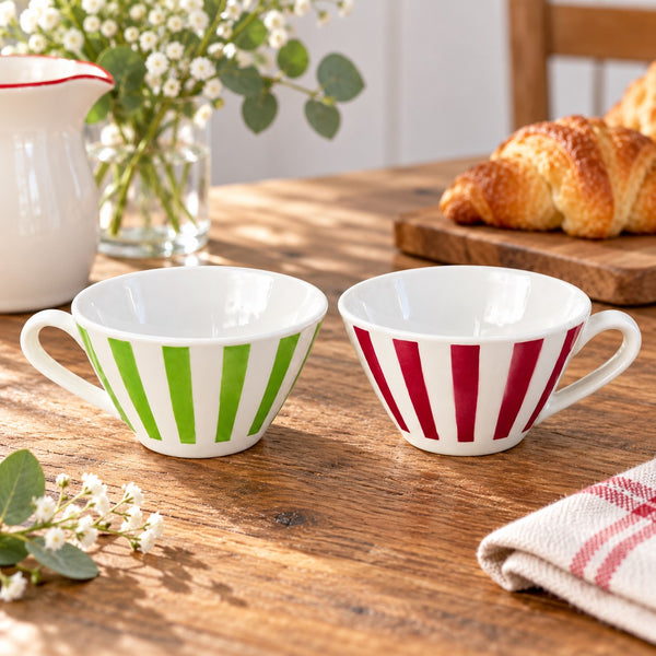 Paire de tasses à café anciennes Fénal Badonviller en faïence blanche à rayures vertes et bordeaux